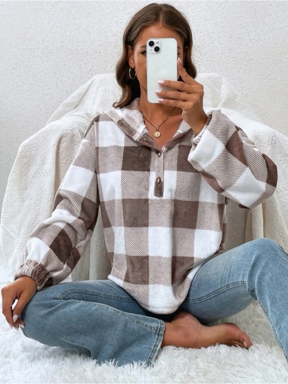 Shein Taupe & White Soft Fleece Hoodie